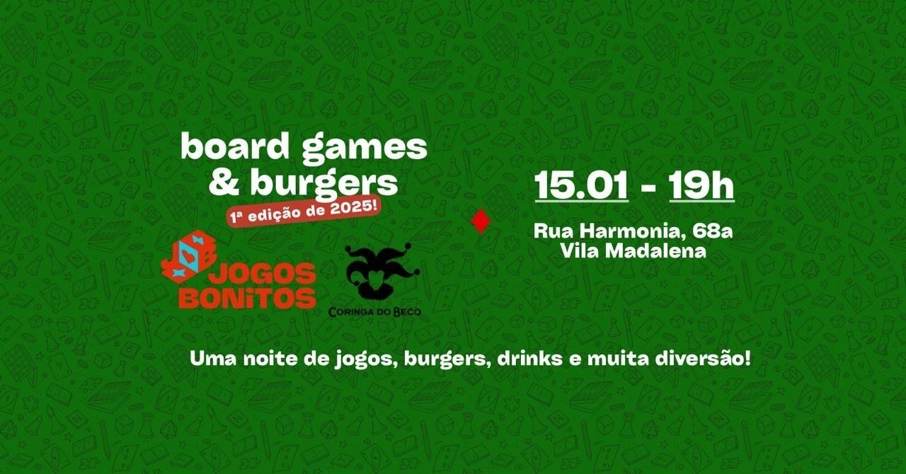Board Games & Burgers - 3ª edição: Coringa do Beco x Jogos Bonitos banner